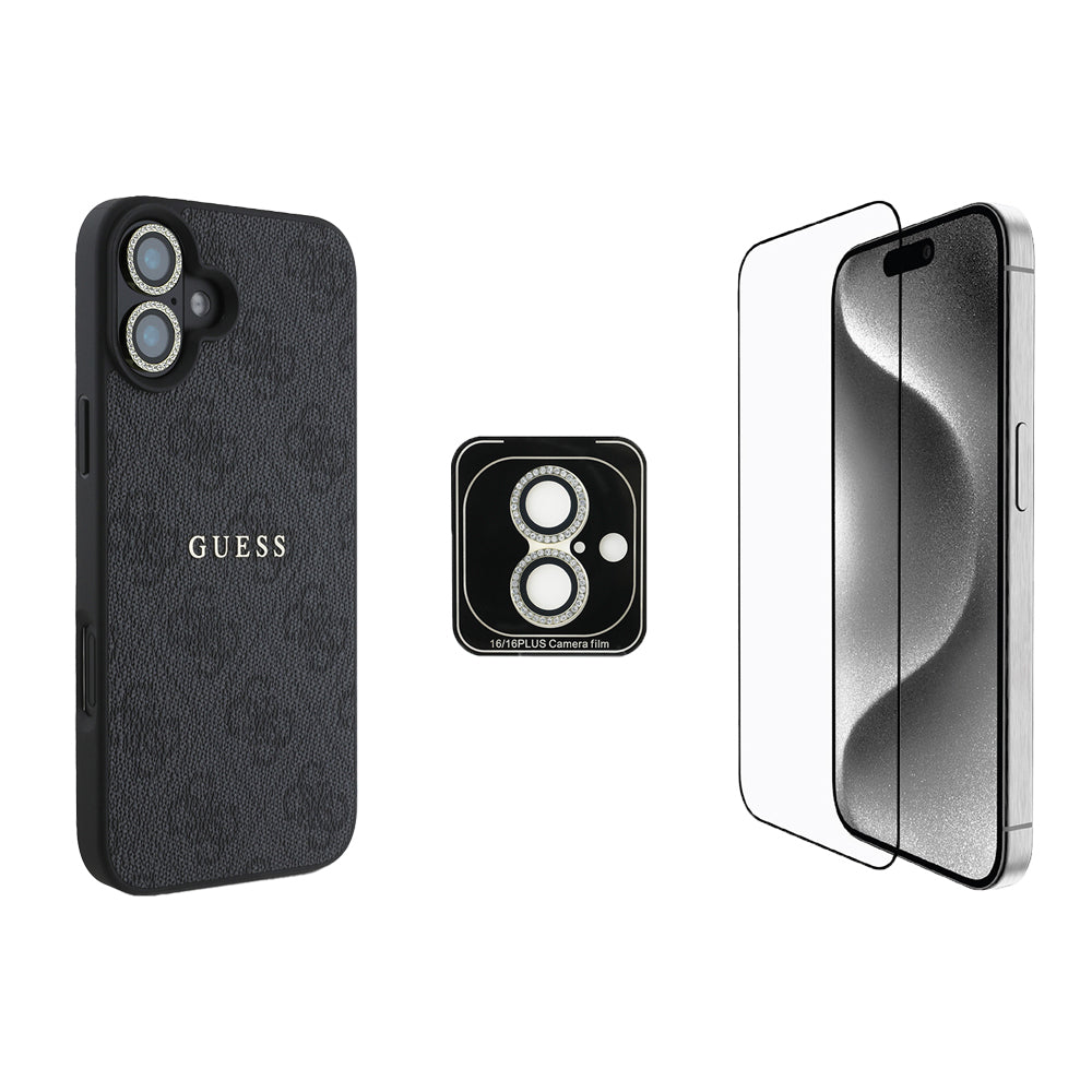 iPhone 16 Guess Orjinal Lisanslı Kılıf + Ekran Koruyucu + Lens Koruyucu 3in1 Aksesuar Seti