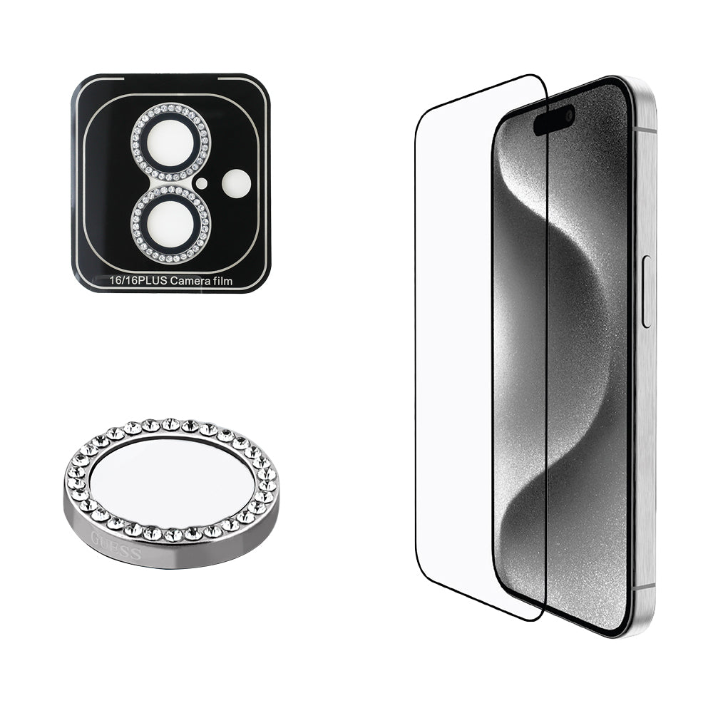 iPhone 16 Guess Orjinal Lisanslı Rhinestone Ekran Koruyucu + Lens Koruyucu 2in1 Aksesuar Seti