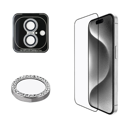 iPhone 16 Guess Orjinal Lisanslı Rhinestone Ekran Koruyucu + Lens Koruyucu 2in1 Aksesuar Seti
