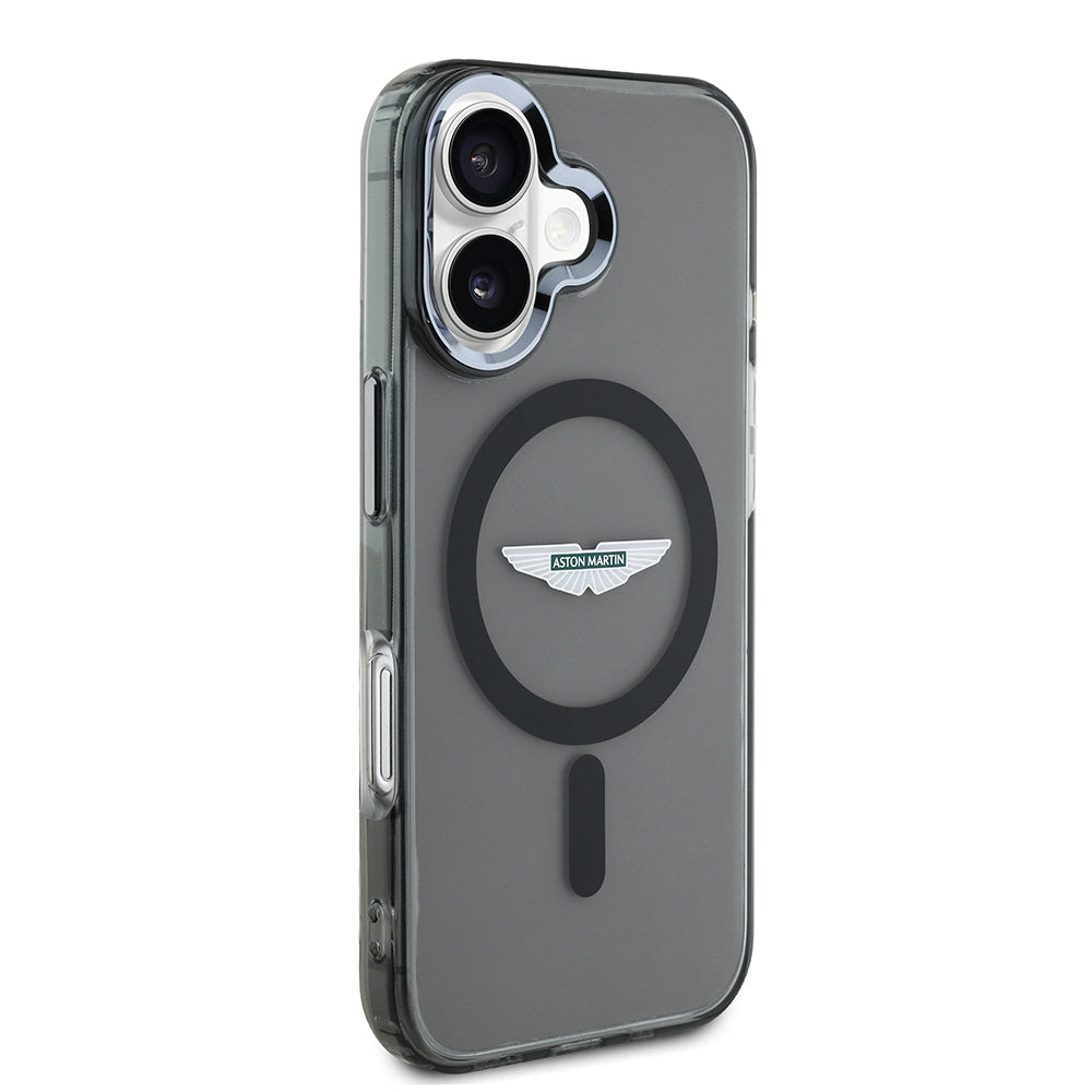 Apple iPhone 16 Kılıf Aston Martin Orjinal Lisanslı M-safe Şarj Özellikli IML Baskı Logolu Buzlu Kapak Siyah