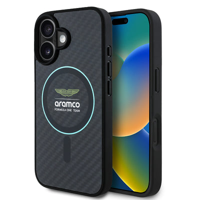 Apple iPhone 16 Kılıf Aston Martin Orjinal Lisanslı M-safe Şarj Özellikli Renkli Halka ve Karbon Fiber Tasarımlı Kapak Siyah-Yeşil