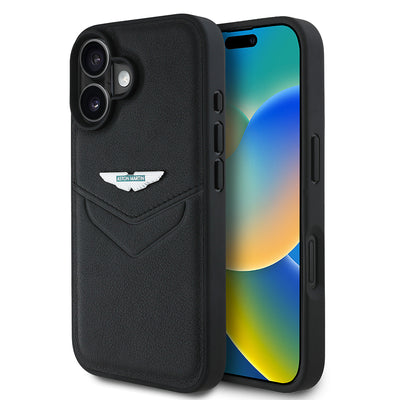 Apple iPhone 16 Kılıf Aston Martin Orjinal Lisanslı Victory Dizayn PU Deri Metal Logolu Kapak Siyah