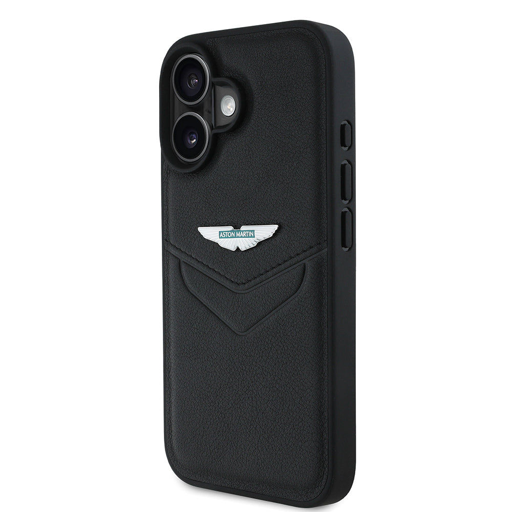 Apple iPhone 16 Kılıf Aston Martin Orjinal Lisanslı Victory Dizayn PU Deri Metal Logolu Kapak Siyah