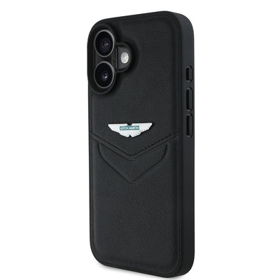 Apple iPhone 16 Kılıf Aston Martin Orjinal Lisanslı Victory Dizayn PU Deri Metal Logolu Kapak Siyah