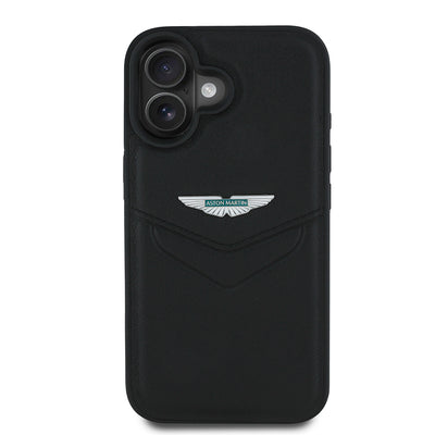 Apple iPhone 16 Kılıf Aston Martin Orjinal Lisanslı Victory Dizayn PU Deri Metal Logolu Kapak Siyah