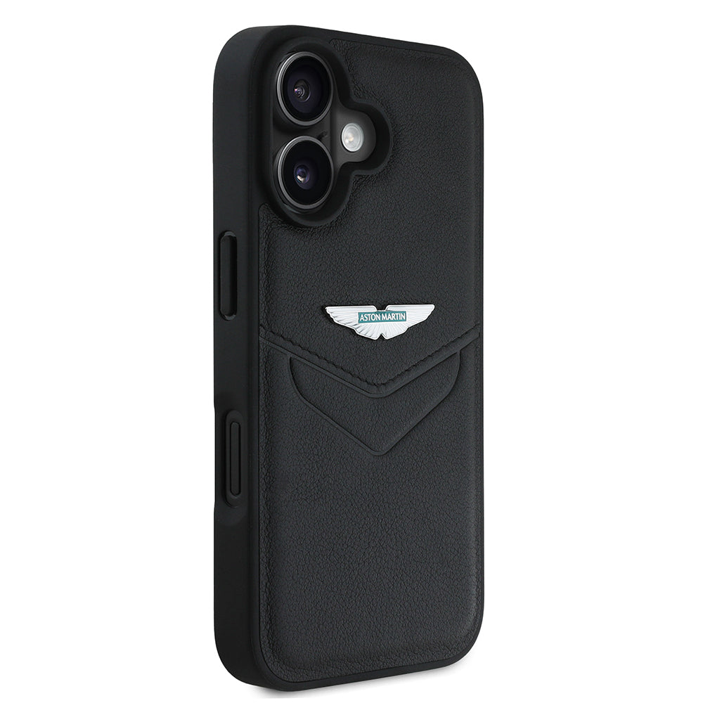 Apple iPhone 16 Kılıf Aston Martin Orjinal Lisanslı Victory Dizayn PU Deri Metal Logolu Kapak Siyah