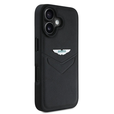 Apple iPhone 16 Kılıf Aston Martin Orjinal Lisanslı Victory Dizayn PU Deri Metal Logolu Kapak Siyah
