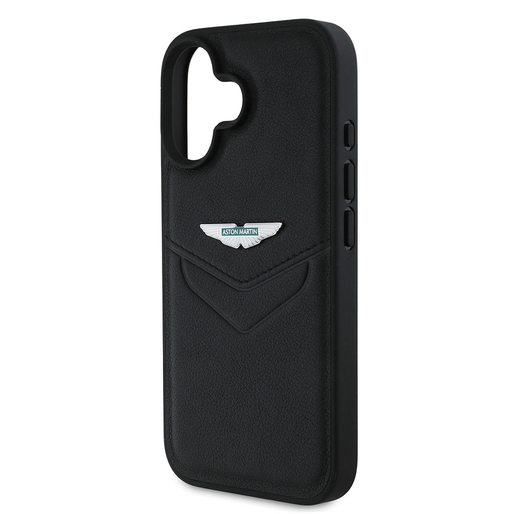 Apple iPhone 16 Kılıf Aston Martin Orjinal Lisanslı Victory Dizayn PU Deri Metal Logolu Kapak Siyah