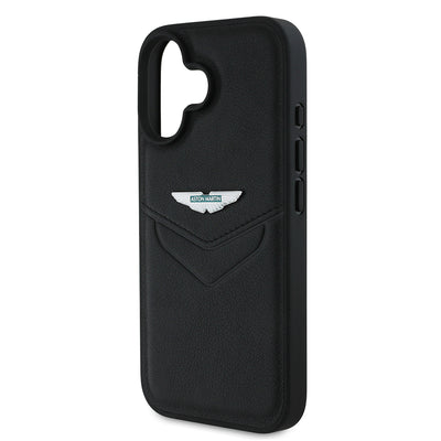 Apple iPhone 16 Kılıf Aston Martin Orjinal Lisanslı Victory Dizayn PU Deri Metal Logolu Kapak Siyah