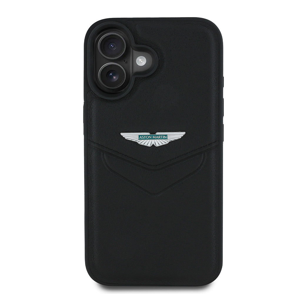 Apple iPhone 16 Kılıf Aston Martin Orjinal Lisanslı Victory Dizayn PU Deri Metal Logolu Kapak Siyah