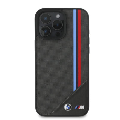 Apple iPhone 16 Kılıf BMW Orjinal Lisanslı Magsafe Şarj Özellikli M Logolu Üç Çizgili Dikiş Detaylı Meshed Tricolor Stripes Kapak Siyah
