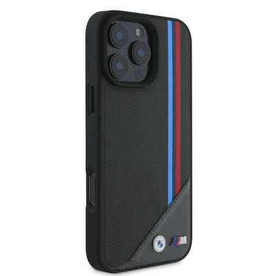 Apple iPhone 16 Kılıf BMW Orjinal Lisanslı Magsafe Şarj Özellikli M Logolu Üç Çizgili Dikiş Detaylı Meshed Tricolor Stripes Kapak Siyah