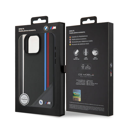 Apple iPhone 16 Kılıf BMW Orjinal Lisanslı Magsafe Şarj Özellikli M Logolu Üç Çizgili Dikiş Detaylı Meshed Tricolor Stripes Kapak Siyah