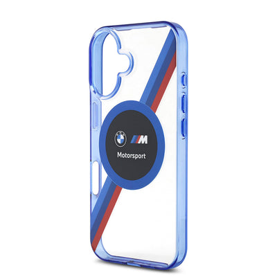 Apple iPhone 16 Kılıf BMW Orjinal Lisanslı Magsafe Şarj Özellikli M Logolu Üç Renk Çizgili Motorsport Circle Kapak Şeffaf