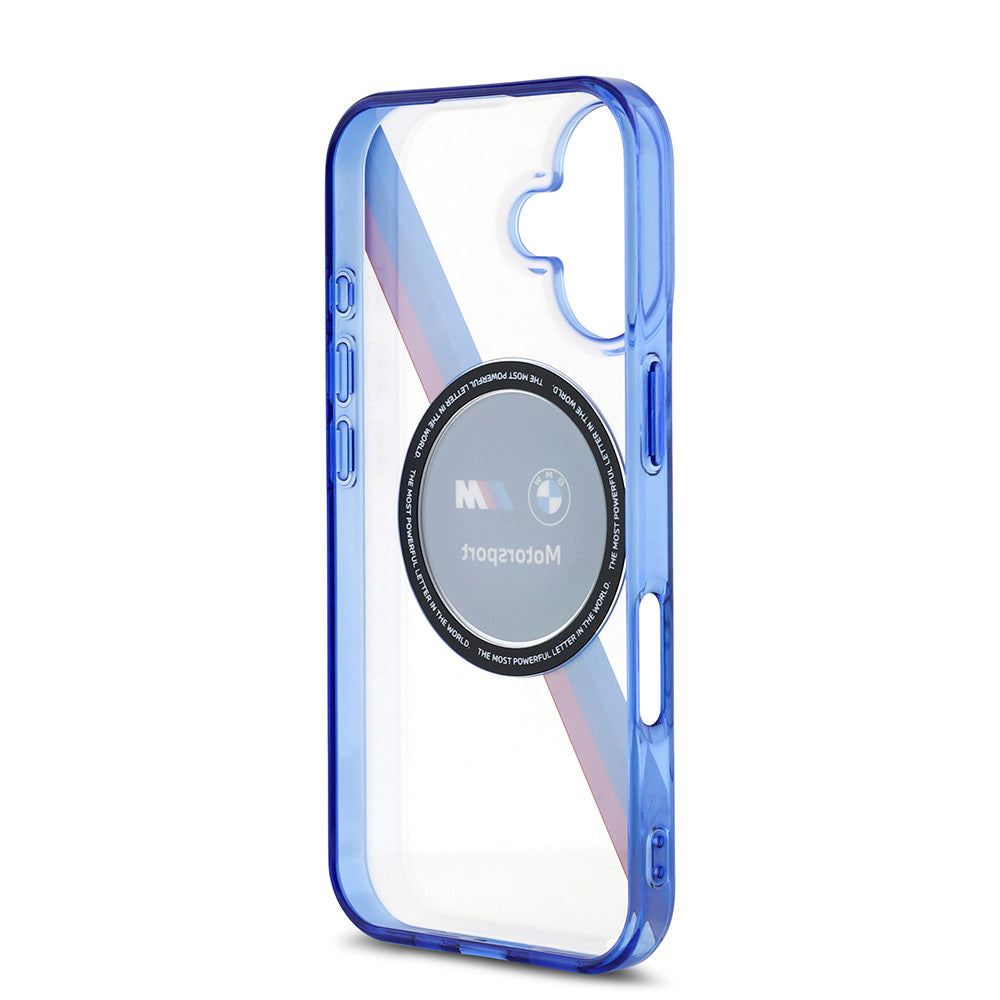 Apple iPhone 16 Kılıf BMW Orjinal Lisanslı Magsafe Şarj Özellikli M Logolu Üç Renk Çizgili Motorsport Circle Kapak Şeffaf