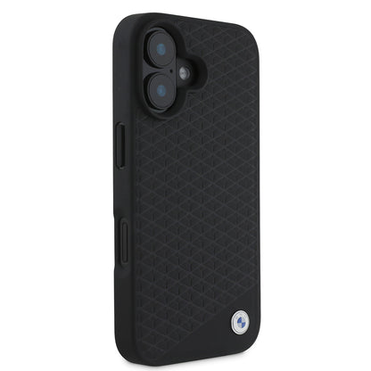 iPhone 16 Kılıf BMW Orjinal Lisanslı M-safe Şarj Özellikli Metal Logolu Dokulu Diamond Deri Kılıf