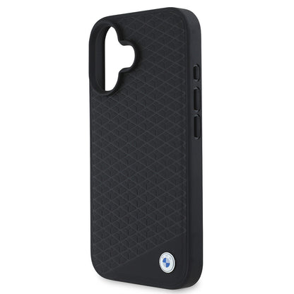 iPhone 16 Kılıf BMW Orjinal Lisanslı M-safe Şarj Özellikli Metal Logolu Dokulu Diamond Deri Kılıf