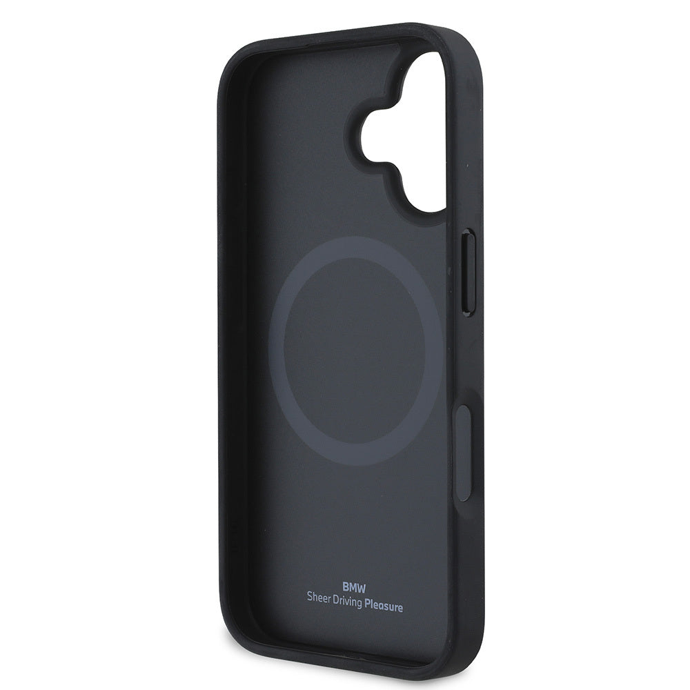 iPhone 16 Kılıf BMW Orjinal Lisanslı M-safe Şarj Özellikli Metal Logolu Dokulu Diamond Deri Kılıf