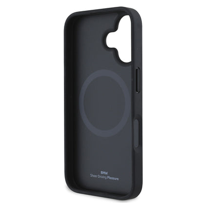 iPhone 16 Kılıf BMW Orjinal Lisanslı M-safe Şarj Özellikli Metal Logolu Dokulu Diamond Deri Kılıf