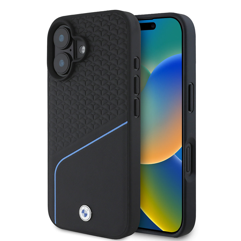 iPhone 16 Kılıf BMW Orjinal Lisanslı M-safe Şarj Özellikli Metal Logolu Dokulu ve Çizgili Deri Kılıf