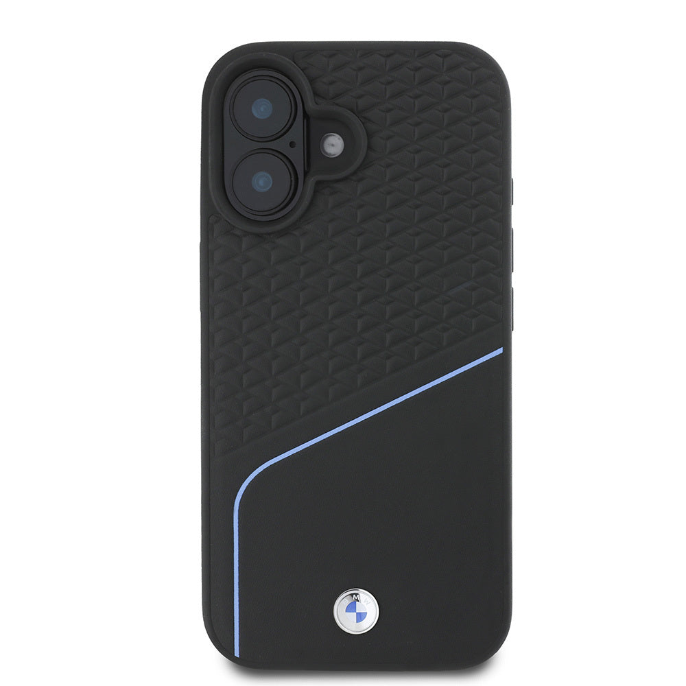 iPhone 16 Kılıf BMW Orjinal Lisanslı M-safe Şarj Özellikli Metal Logolu Dokulu ve Çizgili Deri Kılıf