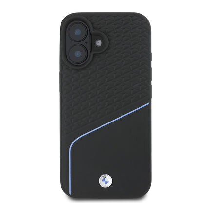 iPhone 16 Kılıf BMW Orjinal Lisanslı M-safe Şarj Özellikli Metal Logolu Dokulu ve Çizgili Deri Kılıf