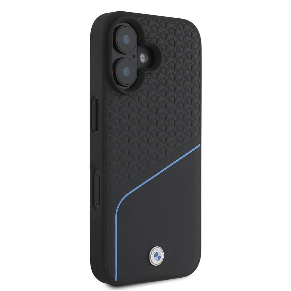 iPhone 16 Kılıf BMW Orjinal Lisanslı M-safe Şarj Özellikli Metal Logolu Dokulu ve Çizgili Deri Kılıf