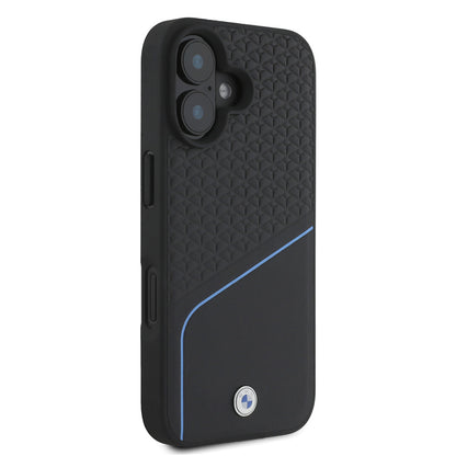 iPhone 16 Kılıf BMW Orjinal Lisanslı M-safe Şarj Özellikli Metal Logolu Dokulu ve Çizgili Deri Kılıf