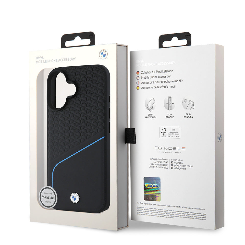 iPhone 16 Kılıf BMW Orjinal Lisanslı M-safe Şarj Özellikli Metal Logolu Dokulu ve Çizgili Deri Kılıf