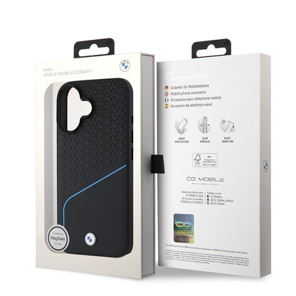 iPhone 16 Kılıf BMW Orjinal Lisanslı M-safe Şarj Özellikli Metal Logolu Dokulu ve Çizgili Deri Kılıf