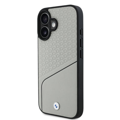 Apple iPhone 16 Kılıf BMW Orjinal Lisanslı M-safe Şarj Özellikli Metal Logolu Dokulu ve Çizgili Deri Kapak Gri