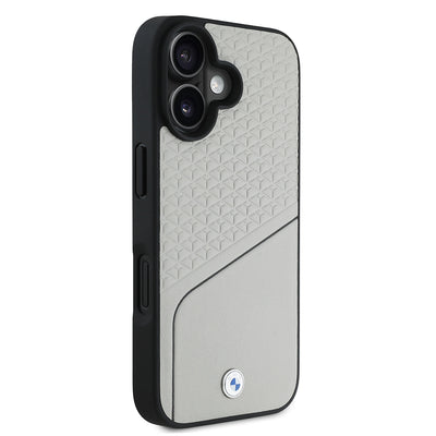 Apple iPhone 16 Kılıf BMW Orjinal Lisanslı M-safe Şarj Özellikli Metal Logolu Dokulu ve Çizgili Deri Kapak Gri