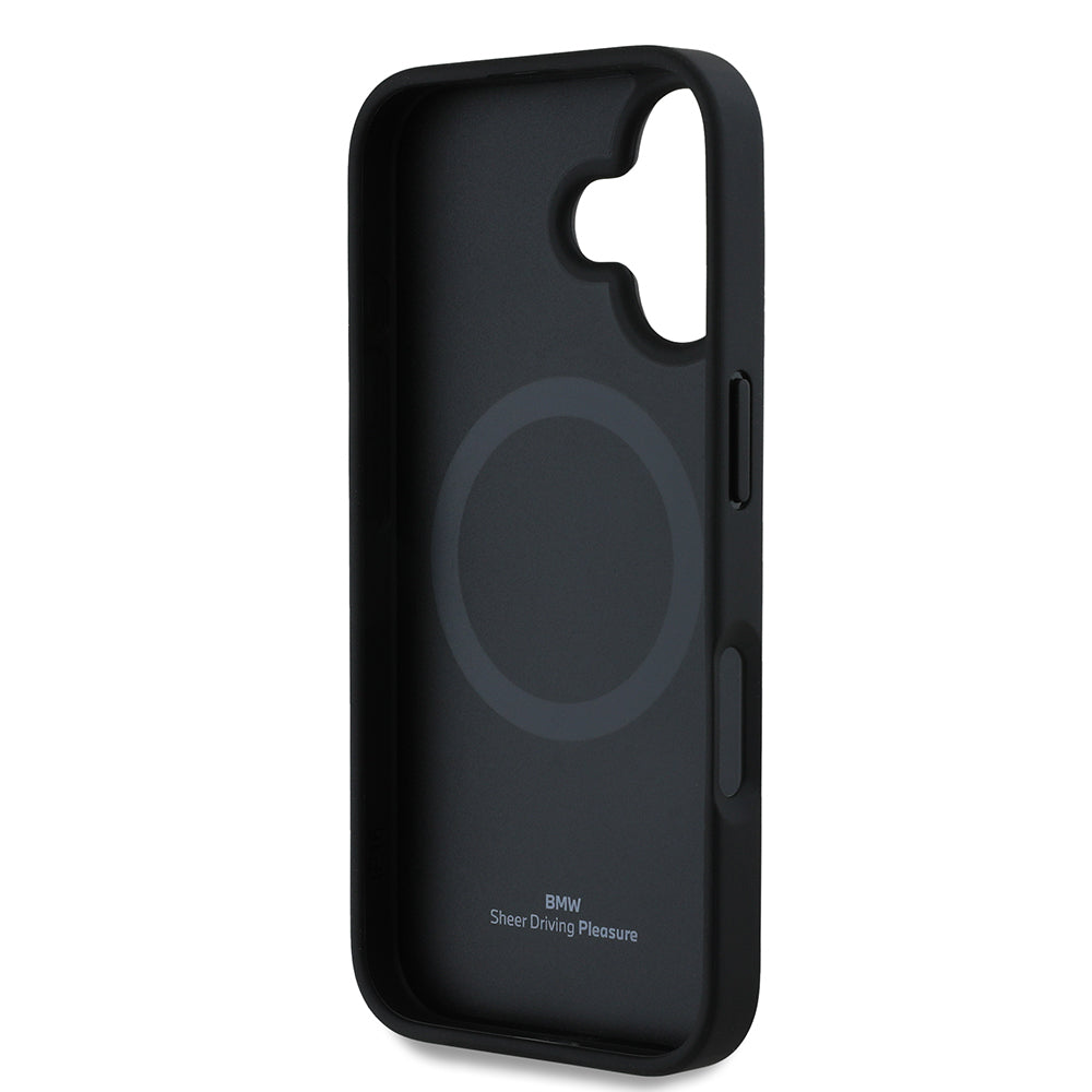 iPhone 16 Kılıf BMW Orjinal Lisanslı M-safe Şarj Özellikli Metal Logolu Dokulu ve Çizgili Deri Kılıf