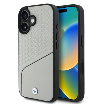 iPhone 16 Kılıf BMW Orjinal Lisanslı M-safe Şarj Özellikli Metal Logolu Dokulu ve Çizgili Deri Kılıf