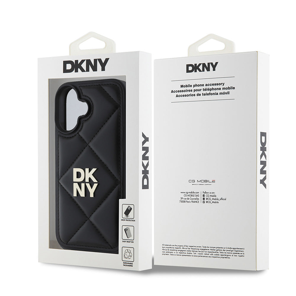 Apple iPhone 16 Kılıf DKNY Orjinal Lisanslı Kapitone Tasarımlı Metal Logolu Deri Kapak Siyah