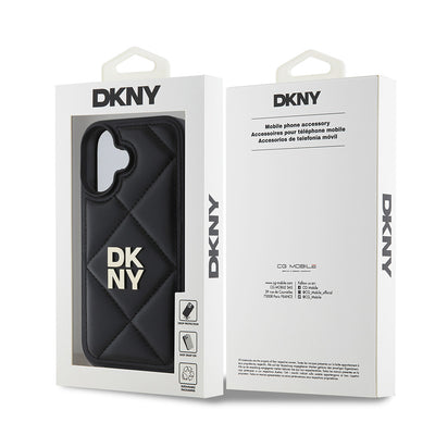 Apple iPhone 16 Kılıf DKNY Orjinal Lisanslı Kapitone Tasarımlı Metal Logolu Deri Kapak Siyah