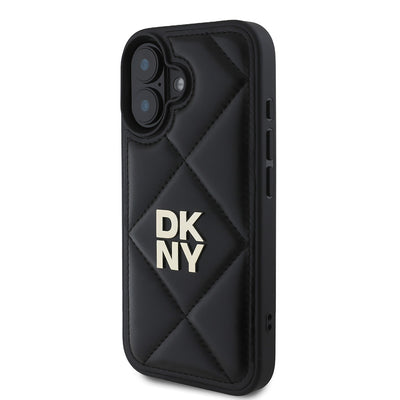 Apple iPhone 16 Kılıf DKNY Orjinal Lisanslı Kapitone Tasarımlı Metal Logolu Deri Kapak Siyah