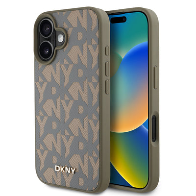 Apple iPhone 16 Kılıf DKNY Orjinal Lisanslı M-safe Şarj Özellikli 3D Yazılı Grid Pattern Kapak Kahverengi
