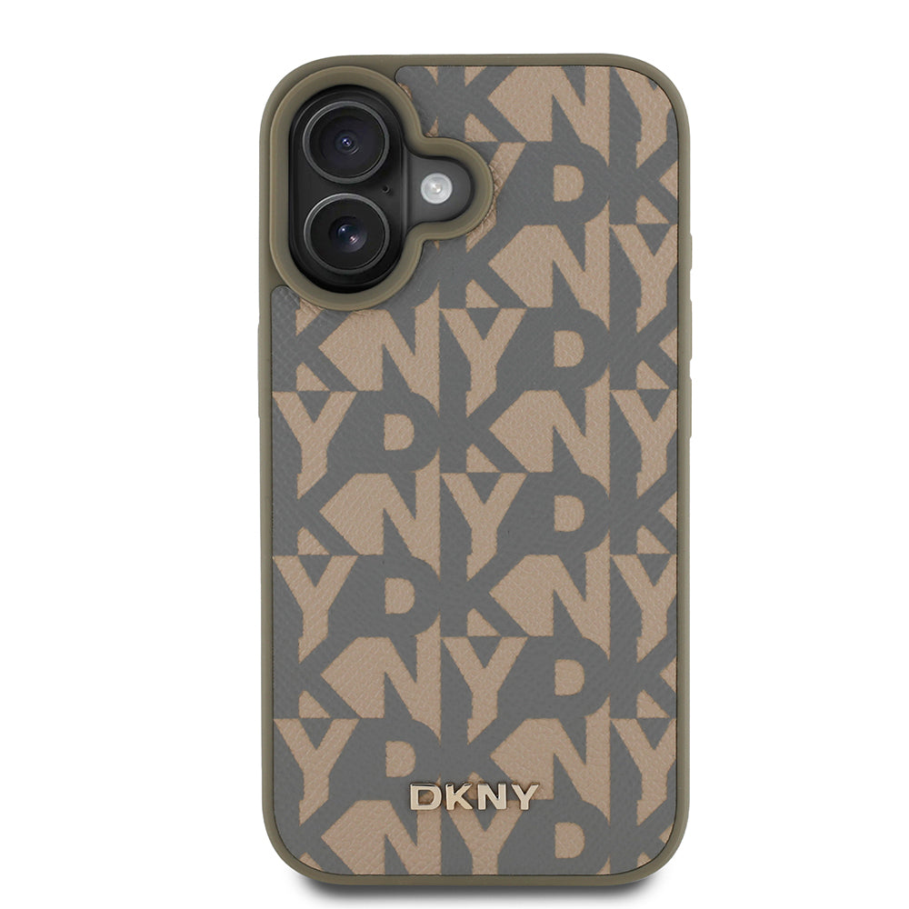 Apple iPhone 16 Kılıf DKNY Orjinal Lisanslı M-safe Şarj Özellikli 3D Yazılı Grid Pattern Kapak Kahverengi