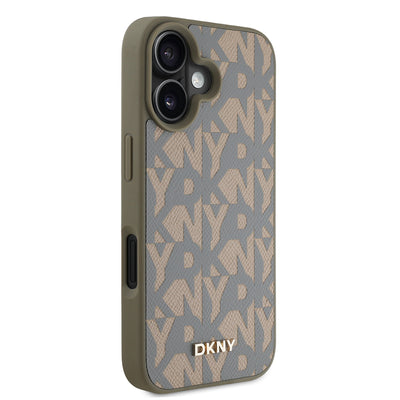 Apple iPhone 16 Kılıf DKNY Orjinal Lisanslı M-safe Şarj Özellikli 3D Yazılı Grid Pattern Kapak Kahverengi