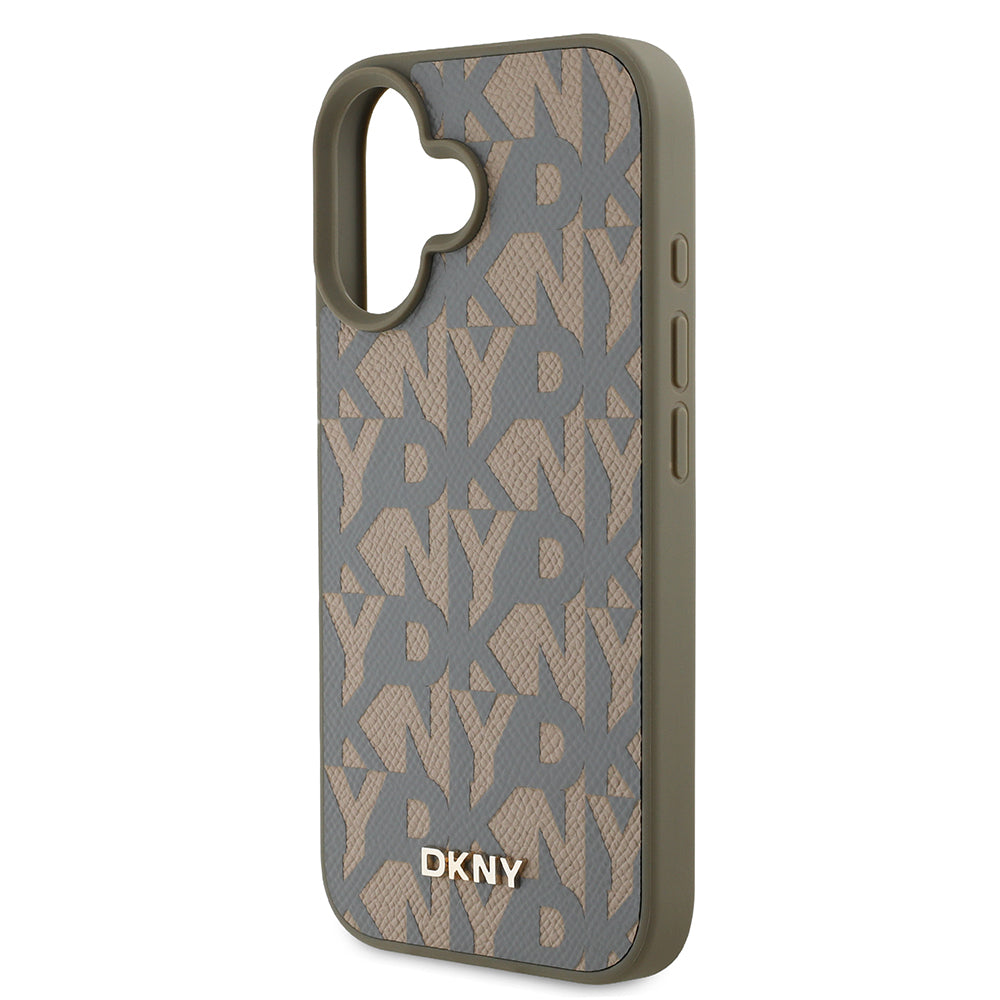 Apple iPhone 16 Kılıf DKNY Orjinal Lisanslı M-safe Şarj Özellikli 3D Yazılı Grid Pattern Kapak Kahverengi