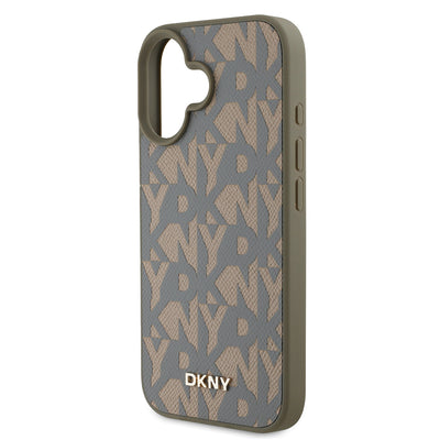 Apple iPhone 16 Kılıf DKNY Orjinal Lisanslı M-safe Şarj Özellikli 3D Yazılı Grid Pattern Kapak Kahverengi