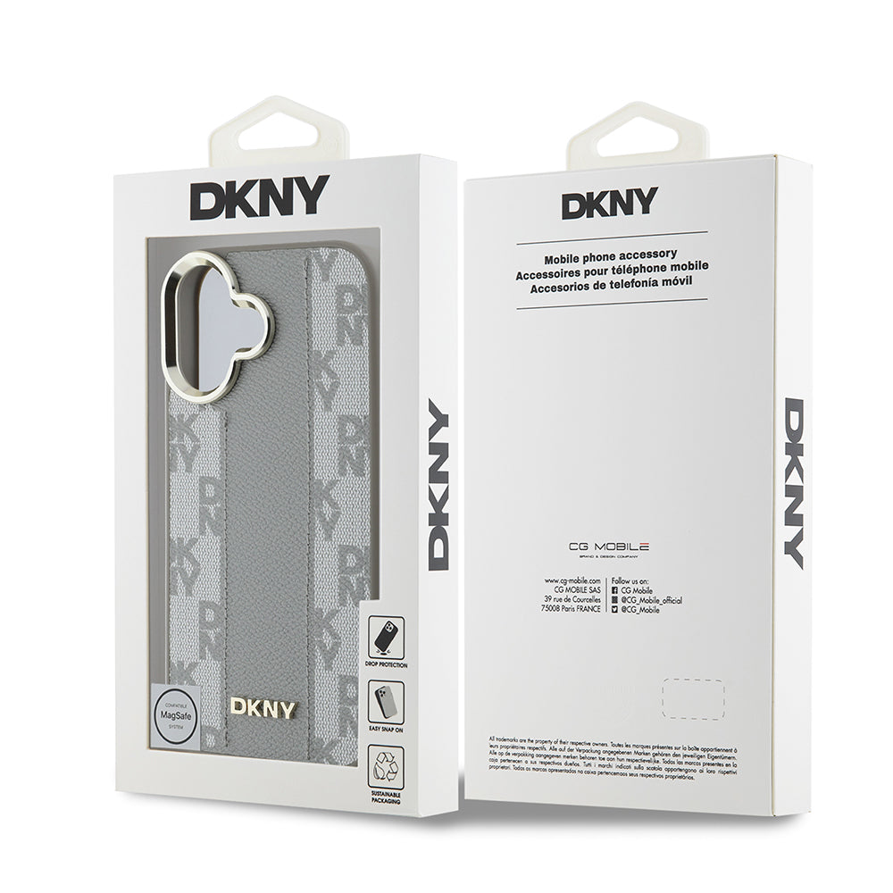 Apple iPhone 16 Kılıf DKNY Orjinal Lisanslı Magsafe Şarj Özellikli 3D Yazılı Checkered Pattern Kapak Bej