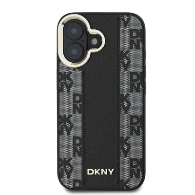 Apple iPhone 16 Kılıf DKNY Orjinal Lisanslı Magsafe Şarj Özellikli 3D Yazılı Checkered Pattern Kapak Siyah