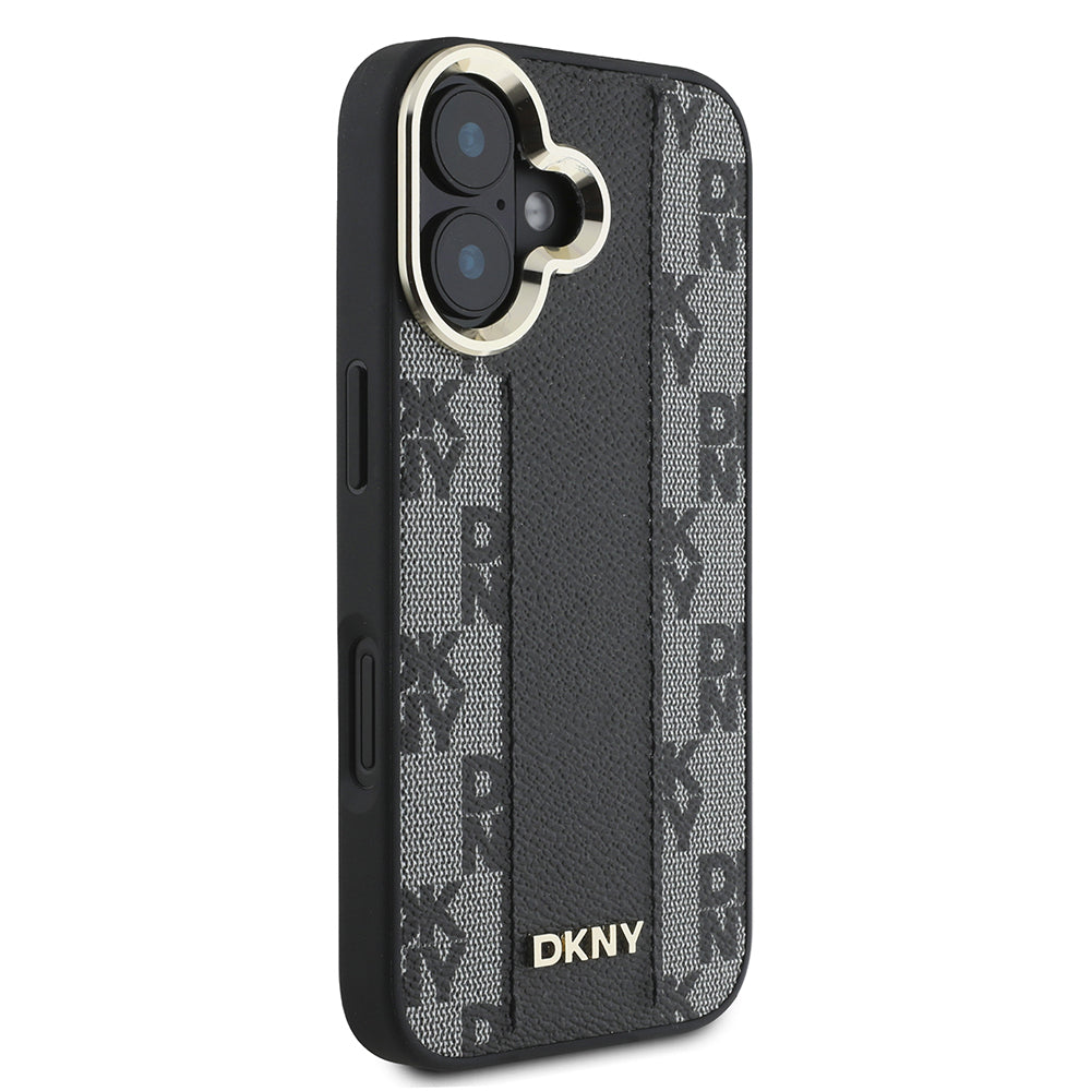 Apple iPhone 16 Kılıf DKNY Orjinal Lisanslı Magsafe Şarj Özellikli 3D Yazılı Checkered Pattern Kapak Siyah