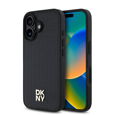 Apple iPhone 16 Kılıf DKNY Orjinal Lisanslı Magsafe Şarj Özellikli 3D Yazılı Repeat Pattern Kapak Siyah
