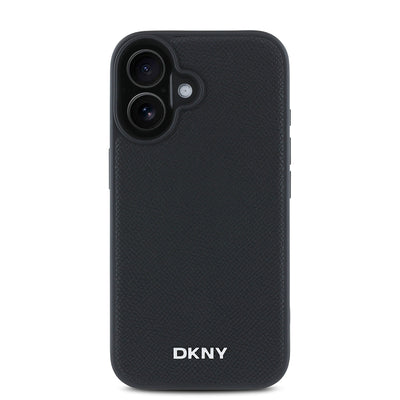Apple iPhone 16 Kılıf DKNY Orjinal Lisanslı Magsafe Şarj Özellikli Metal Logolu PU Deri Grained Kapak Siyah