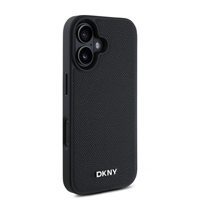 Apple iPhone 16 Kılıf DKNY Orjinal Lisanslı Magsafe Şarj Özellikli Metal Logolu PU Deri Grained Kapak Siyah