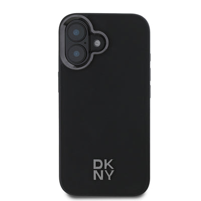 Apple iPhone 16 Kılıf DKNY Orjinal Lisanslı Magsafe Şarj Özellikli Metal Logolu PU Deri Plain Kapak Siyah