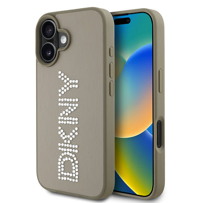 Apple iPhone 16 Kılıf DKNY Orjinal Lisanslı Taşlı DKNY Yazılı Metalik Rhinestones PU Deri Kapak Siyah